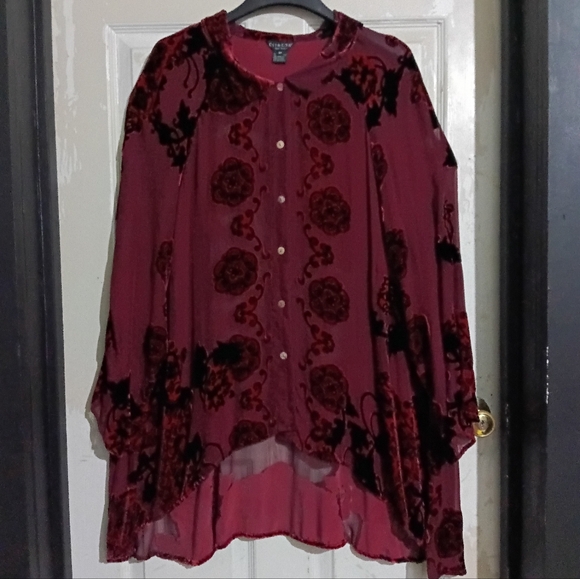 Citron Sz. 4X Rayon & Silk Mix Burgundy Velvet Burnout Button Down Tunic Blouse - Picture 3 of 16